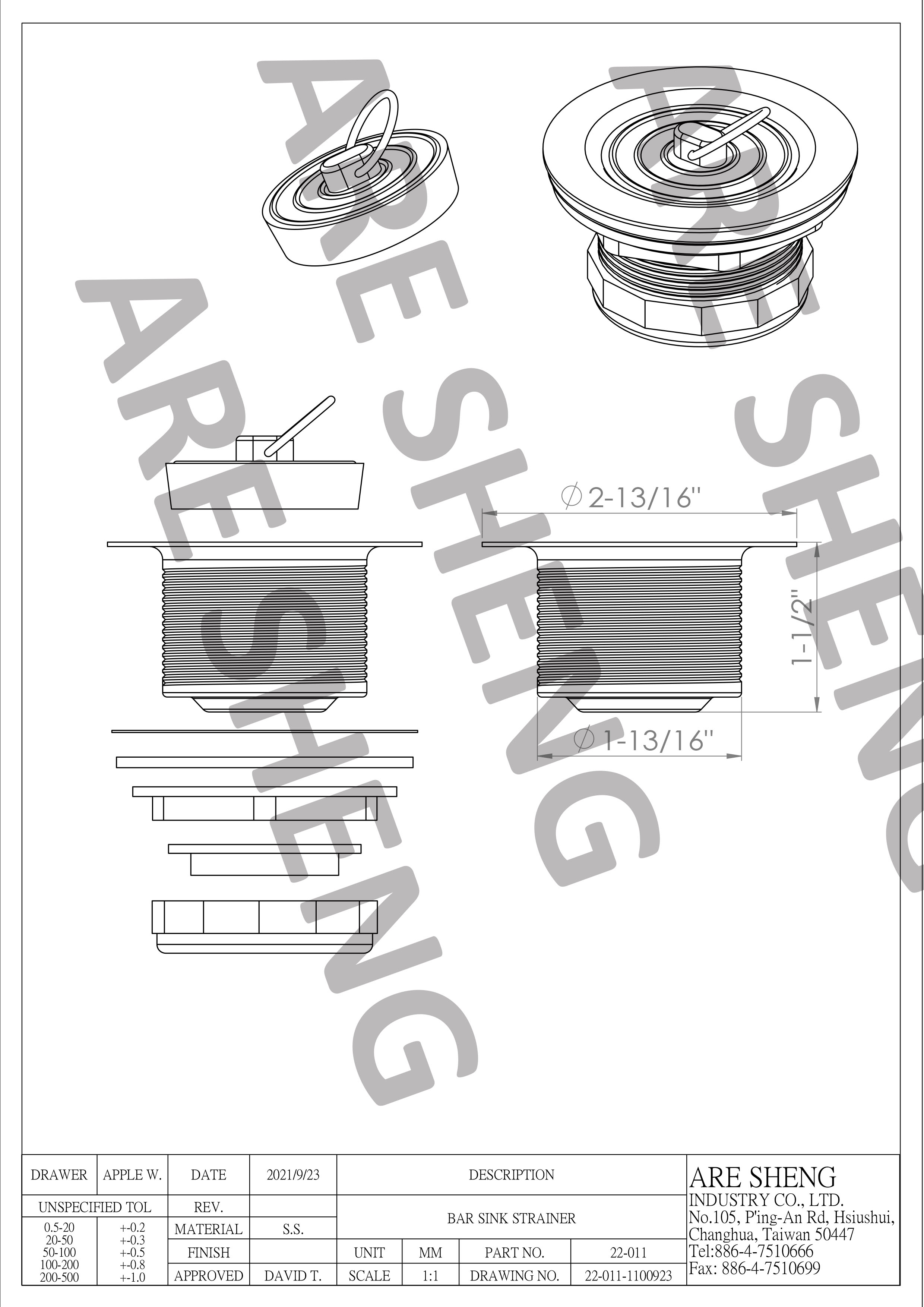 bar sink strainer drawing 22-011