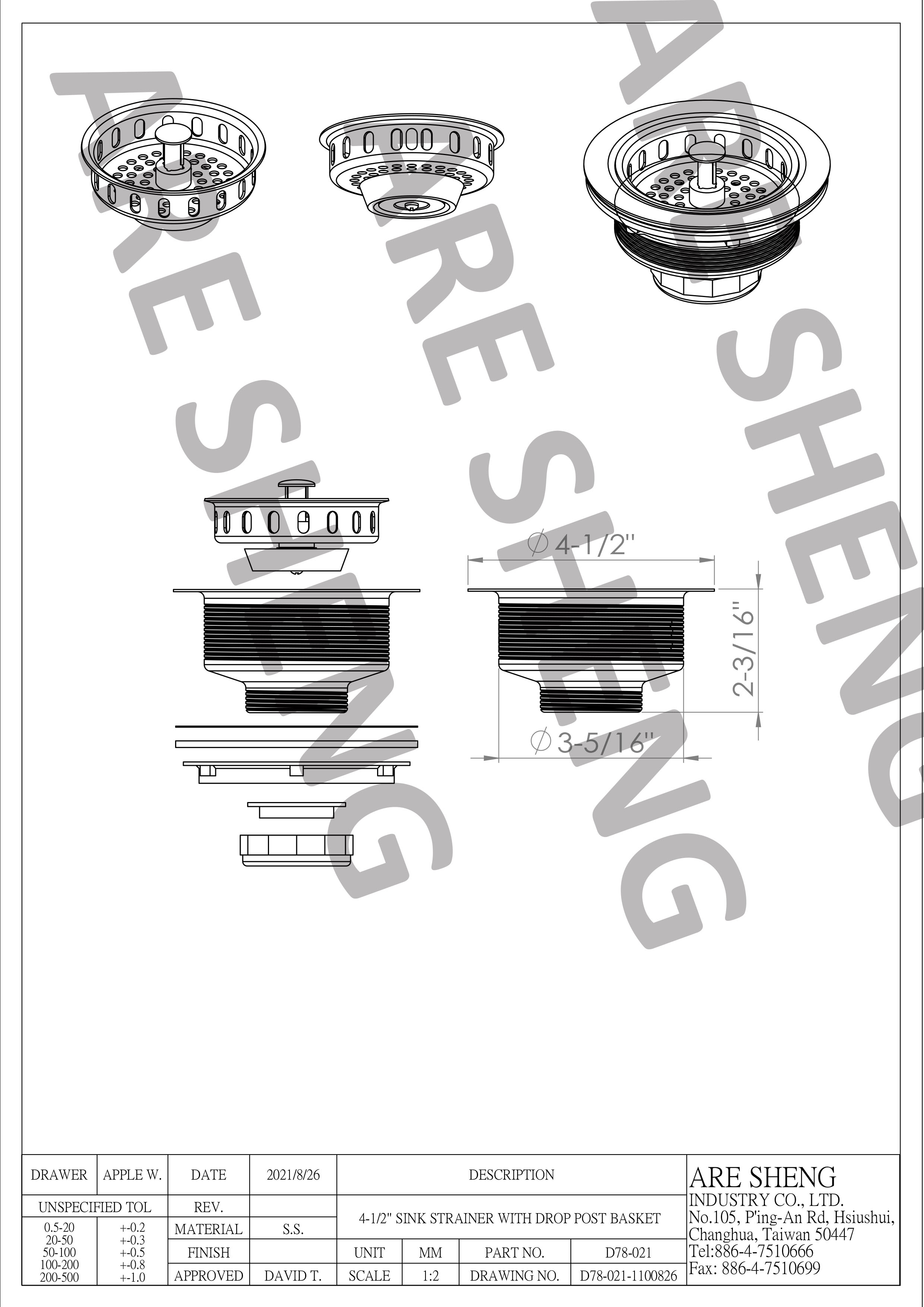 drop post sink strainer drawing D78-021