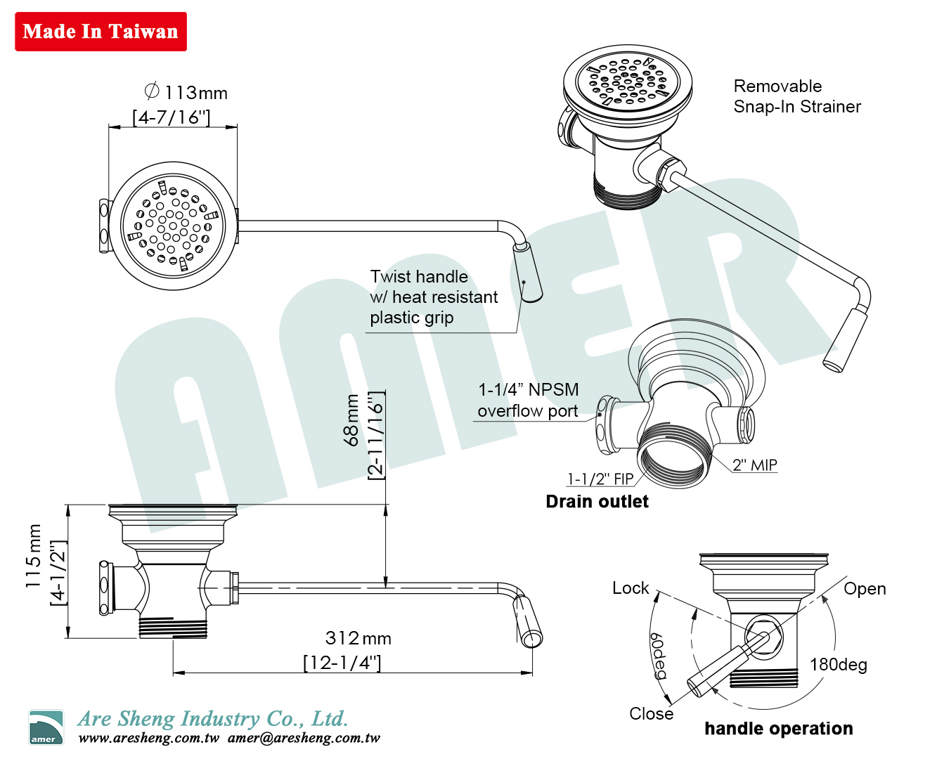 D79-007-dimension drawing of waste valve -twist handle