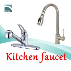 Various kitchen faucet in different styles like pull down spout, gooseneck spout, pre-rinse spout, single lever and loop lever handle from Are Sheng